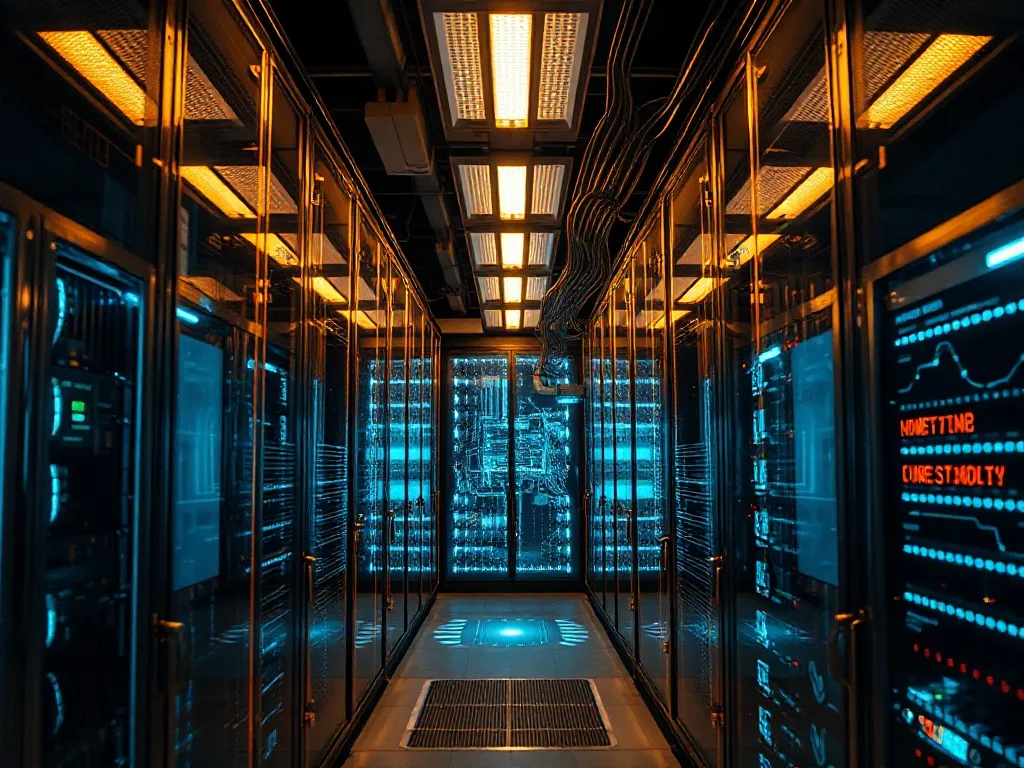 High-tech server room with golden lighting, fiber optic cabl